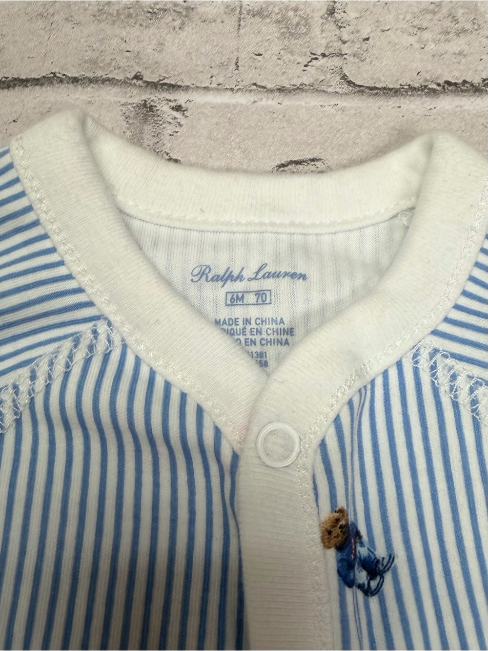 Ralph Lauren Baby Polo Bear Footie Sleeper 6M Layette Blue Stripe 100% Cotton - Picture 3 of 3